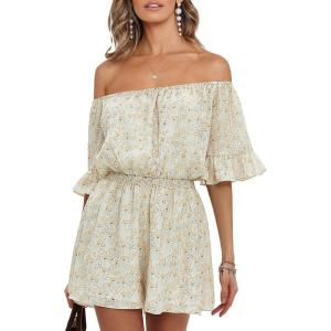 imageEXLURA Womens Summer Floral Romper Dress Off Shoulder Ruffle Elastic Wasit Wide Leg Shorts Jumpsuit Vacation Beach 2025Yellow Floral
