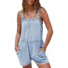 imageEXLURA Womens Summer Casual Denim Rompers Ruffle Strap Shorts Jean Short Jumpsuit with PocketsLight Blue