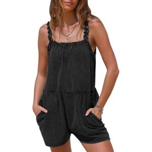 imageEXLURA Womens Summer Casual Denim Rompers Ruffle Strap Shorts Jean Short Jumpsuit with PocketsBlack