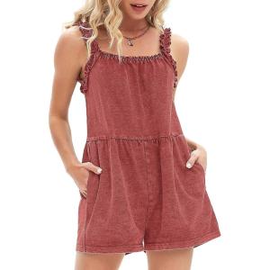 imageEXLURA Womens Summer Casual Denim Rompers Ruffle Strap Shorts Jean Short Jumpsuit with PocketsDate Red
