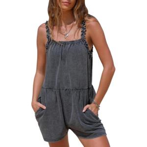 imageEXLURA Womens Summer Casual Denim Rompers Ruffle Strap Shorts Jean Short Jumpsuit with PocketsGrey