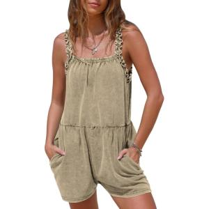 imageEXLURA Womens Summer Casual Denim Rompers Ruffle Strap Shorts Jean Short Jumpsuit with PocketsKhaki