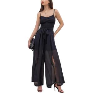 imageEXLURA Womens Sleeveless Belted Smocked Maxi Dress Rompers Spaghetti Strap Wide Leg Slit Casual Work Sexy Formal Jumpsuit