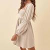 imageEXLURA Womens 2025 Square Neck Dress Long Puff Sleeve ALine Casual Short Mini DressesKhaki