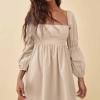 imageEXLURA Womens 2025 Square Neck Dress Long Puff Sleeve ALine Casual Short Mini DressesKhaki