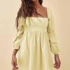 imageEXLURA Womens 2025 Square Neck Dress Long Puff Sleeve ALine Casual Short Mini DressesLight Yellow
