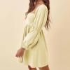 imageEXLURA Womens 2025 Square Neck Dress Long Puff Sleeve ALine Casual Short Mini DressesLight Yellow