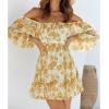 imageEXLURA Womens Lantern Sleeve Tie Back Summer Dress Ruffled Off Shoulder ALine Vintage Mini DressYellow Floral