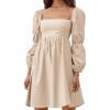 imageEXLURA Womens 2025 Square Neck Dress Long Puff Sleeve ALine Casual Short Mini DressesKhaki