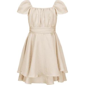 imageEXLURA Casual Short Cap Sleeve Girls Tie Back A Line Ruffle Hem Junior Teenage Kids Short Mini Dress Size 615 YearsBeige
