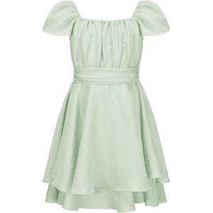imageEXLURA Casual Short Cap Sleeve Girls Tie Back A Line Ruffle Hem Junior Teenage Kids Short Mini Dress Size 615 YearsGray Green
