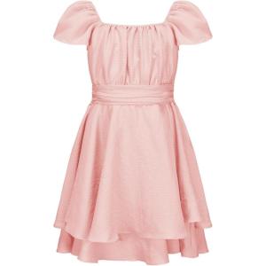 imageEXLURA Casual Short Cap Sleeve Girls Tie Back A Line Ruffle Hem Junior Teenage Kids Short Mini Dress Size 615 YearsPink