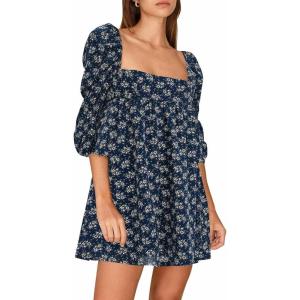 imageEXLURA Womens 2025 Square Neck Dress Long Puff Sleeve ALine Casual Short Mini DressesBlue Floral