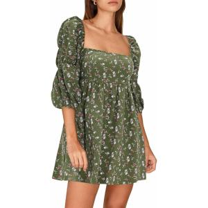imageEXLURA Womens 2025 Square Neck Dress Long Puff Sleeve ALine Casual Short Mini DressesGreen Floral