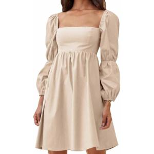 imageEXLURA Womens 2025 Square Neck Dress Long Puff Sleeve ALine Casual Short Mini DressesKhaki