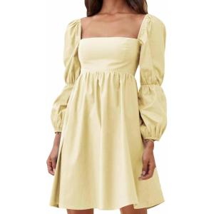 imageEXLURA Womens 2025 Square Neck Dress Long Puff Sleeve ALine Casual Short Mini DressesLight Yellow