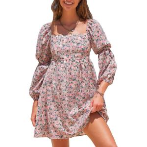 imageEXLURA Womens 2025 Square Neck Dress Long Puff Sleeve ALine Casual Short Mini DressesPink Floral