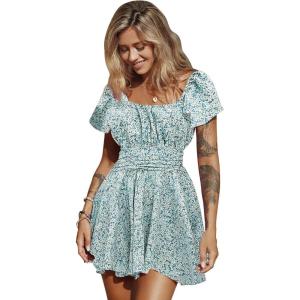 imageEXLURA Womens 2025 Summer Ruffle Short Sleeve Tie Back Romper Dress Square Neck A Line Cute Dressy Short JumpsuitsBlue Green Floral