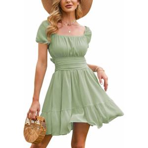 imageEXLURA Womens 2025 Summer Short Puff Sleeve Casual Short Mini Dresses Tie Back Square Neck ALine SundressGrass Green