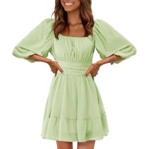 imageEXLURA Womens Lantern Sleeve Tie Back Summer Dress Ruffled Off Shoulder ALine Vintage Mini DressLight Green