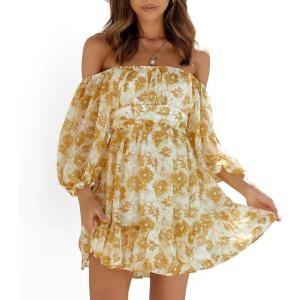 imageEXLURA Womens Lantern Sleeve Tie Back Summer Dress Ruffled Off Shoulder ALine Vintage Mini DressYellow Floral
