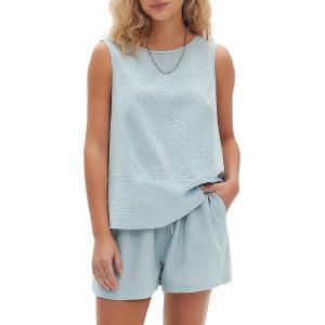 imageEXLURA Womens Summer 2 Piece Outfits Sleeveless Tank Top Matching Shorts Sets Cotton Striped Sweatsuits Vacation Beach 2025Blue Green