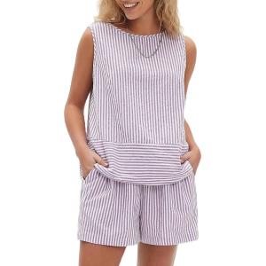 imageEXLURA Womens Summer 2 Piece Outfits Sleeveless Tank Top Matching Shorts Sets Cotton Striped Sweatsuits Vacation Beach 2025Purple