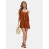 imageEXLURA Womens Summer Romper Dress 2025 V Neck Spaghetti Strap Pleated Shorts Jumpsuit Beach Vacation Outfits with PocketsCaramel