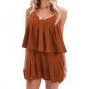 imageEXLURA Womens Summer Romper Dress 2025 V Neck Spaghetti Strap Pleated Shorts Jumpsuit Beach Vacation Outfits with PocketsCaramel