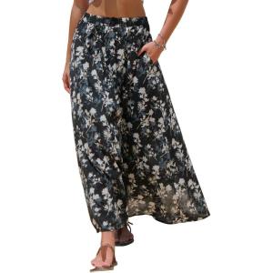 imageEXLURA Womens Elastic High Waist Flared Maxi Skirts Floral Swing Midi Skirt Casual Summer Long Skirt Beach Vacation ResortBlack Floral