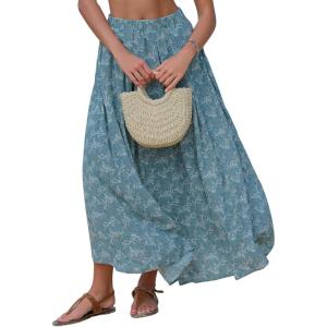 imageEXLURA Womens Elastic High Waist Flared Maxi Skirts Floral Swing Midi Skirt Casual Summer Long Skirt Beach Vacation ResortGreen Floral