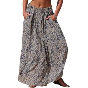 imageEXLURA Womens Elastic High Waist Flared Maxi Skirts Floral Swing Midi Skirt Casual Summer Long Skirt Beach Vacation ResortGrey Floral