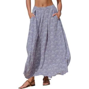 imageEXLURA Womens Elastic High Waist Flared Maxi Skirts Floral Swing Midi Skirt Casual Summer Long Skirt Beach Vacation ResortPurple Floral