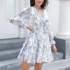 imageEXLURA Womens 2023 Casual Long Sleeve Ruffle Short Dress VNeck Floral Fall Short Mini Dresses
