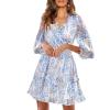 imageEXLURA Womens 2023 Casual Long Sleeve Ruffle Short Dress VNeck Floral Fall Short Mini Dresses