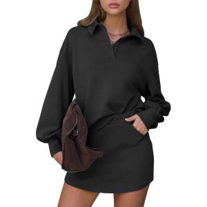 imageEXLURA Women Two Piece Sets 2025 Casual Polo Sweatshirt Skorts Matching Set Short Tennis Skirt Fall Workout Tracksuit OutfitsBlack