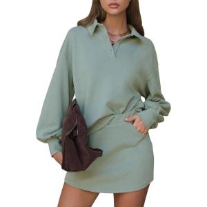 imageEXLURA Women Two Piece Sets 2025 Casual Polo Sweatshirt Skorts Matching Set Short Tennis Skirt Fall Workout Tracksuit OutfitsGrey Green