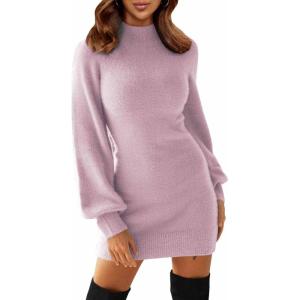 imageEXLURA Womens 2025 Mock Neck Ribbed Long Sleeve Bodycon Pullover Cute Mini Sweater DressLilac Purple
