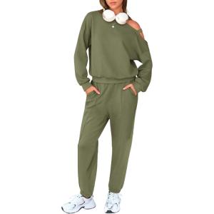imageEXLURA Womens Cotton Sweatsuits 2 Piece Set Long Sleeve Cold Shoulder Pullover Tops Sweat Pants Lounge Sets Travel TracksuitAmry Green
