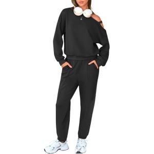 imageEXLURA Womens Cotton Sweatsuits 2 Piece Set Long Sleeve Cold Shoulder Pullover Tops Sweat Pants Lounge Sets Travel TracksuitBlack