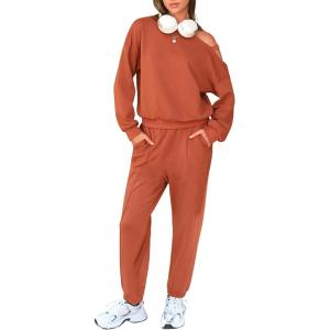 imageEXLURA Womens Cotton Sweatsuits 2 Piece Set Long Sleeve Cold Shoulder Pullover Tops Sweat Pants Lounge Sets Travel TracksuitCaramel