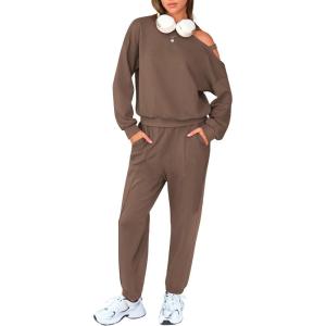 imageEXLURA Womens Cotton Sweatsuits 2 Piece Set Long Sleeve Cold Shoulder Pullover Tops Sweat Pants Lounge Sets Travel TracksuitDark Brown