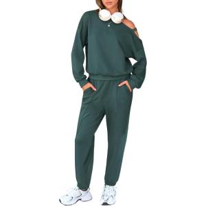 imageEXLURA Womens Cotton Sweatsuits 2 Piece Set Long Sleeve Cold Shoulder Pullover Tops Sweat Pants Lounge Sets Travel TracksuitDark Green