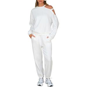 imageEXLURA Womens Cotton Sweatsuits 2 Piece Set Long Sleeve Cold Shoulder Pullover Tops Sweat Pants Lounge Sets Travel TracksuitWhite
