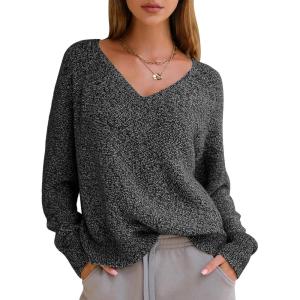 imageEXLURA Womens Oversized Pullover Sweaters Long Sleeve V Neck Knit Loose Off The Shoulder Sweater Tops Fall Winter Trendy 2025Black