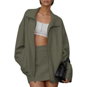 imageEXLURA Womens Sweatsuits 2 Piece Outfits Zip Up Sweatshirts Matching Skort Casual Sweat Set Tennis Jogger Tracksuit Fall 2025Army Green