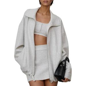 imageEXLURA Womens Sweatsuits 2 Piece Outfits Zip Up Sweatshirts Matching Skort Casual Sweat Set Tennis Jogger Tracksuit Fall 2025Light Grey