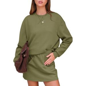 imageEXLURA Women 2 Piece Sets Cotton Tracksuits Workout Set Crewneck Sweatshirt Skort Short Skirt Fall Tennis Sweat Suits PocketsArmy Green