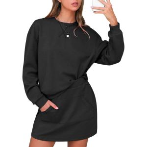 imageEXLURA Women 2 Piece Sets Cotton Tracksuits Workout Set Crewneck Sweatshirt Skort Short Skirt Fall Tennis Sweat Suits PocketsBlack