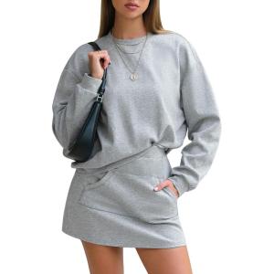 imageEXLURA Women 2 Piece Sets Cotton Tracksuits Workout Set Crewneck Sweatshirt Skort Short Skirt Fall Tennis Sweat Suits PocketsGrey